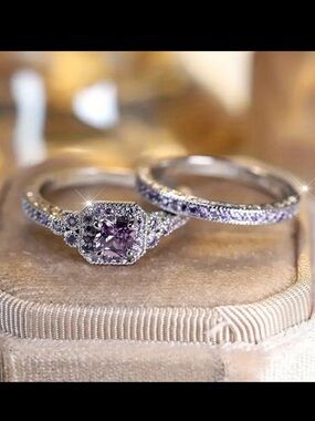 Size 9 stainless Steel Lavender Gemstone Halo Engagement Ring Set